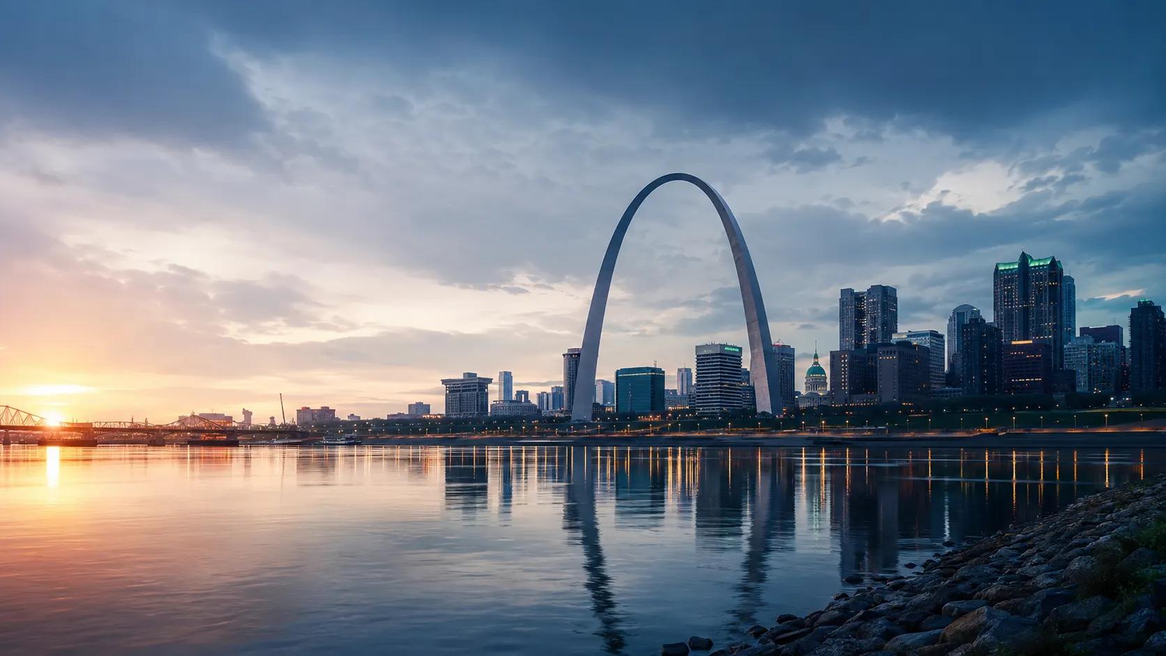 St. Louis skyline and the Gateway Arch at dusk over the Mississippi River